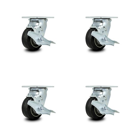 Service Caster 4 Inch Rubber on Aluminum Caster Set with Ball Bearings 4 Brake 2 Swivel Lock SCC-30CS420-RAB-TLB-BSL-2-TLB-2